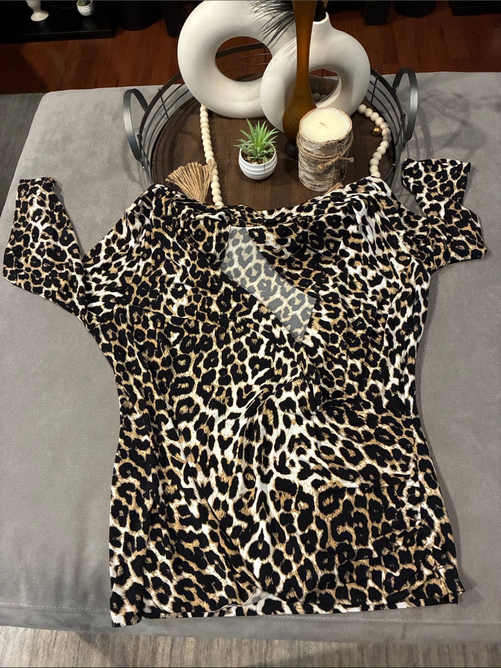 Chaus Leopard Print V-Neck Faux Wrap Top - Black, Brown & Cream Size:XL